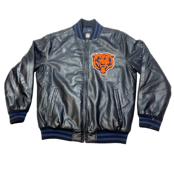 Chicago Bears Faux Leather Jacket Men Large Black Blue Embroidered Logos Used - Picture 1 of 9